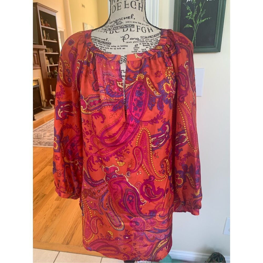 Ralph Lauren Fuchsia Orange Paisley 100% Silk Blouse